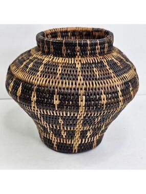 Handwoven Wicker Basket Vase Tribal Geometric Black Tan Decorative Pot 6"